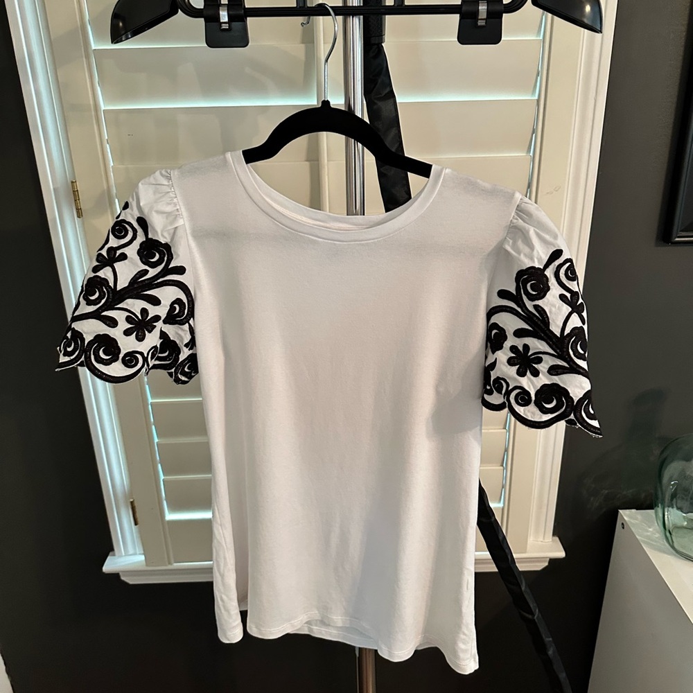 White and Black Embroidered Women's Top